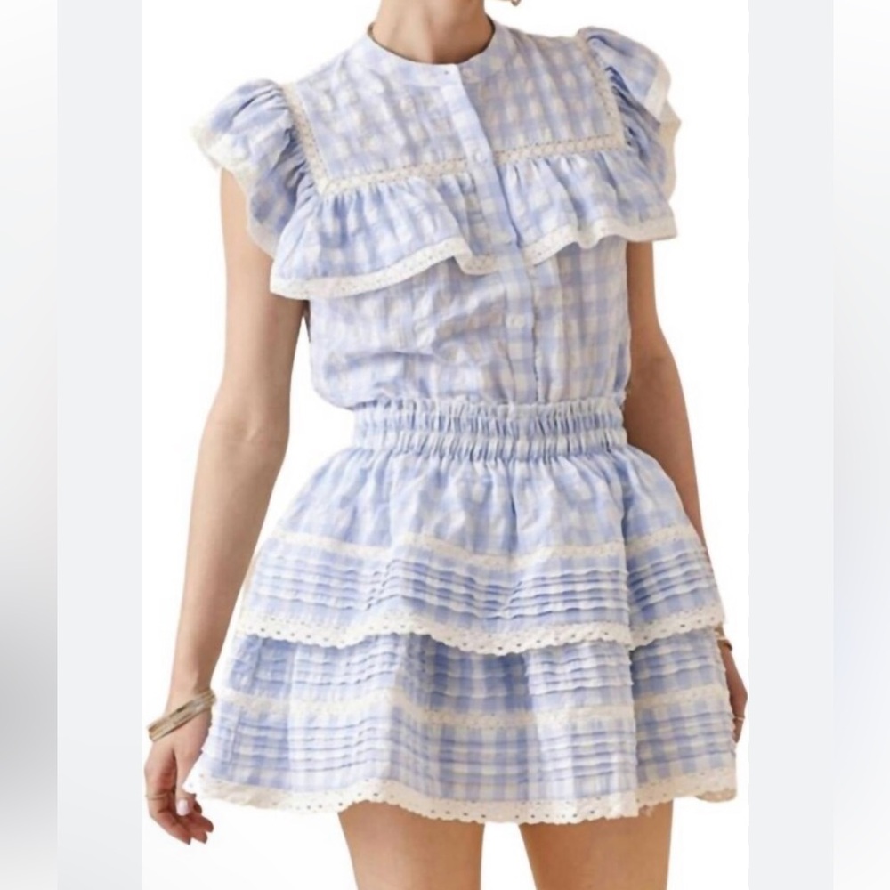 Day+Moon blue & white gingham checkered lace ruffles tiered mini skirt Size M - Picture 9 of 17